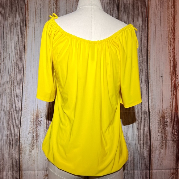 KIWI| WOMENS YELLOW COLD SHOLDER TIE LOOSE FITTING SHORT SLEEVE BLOUSE LARGE - Picture 2 of 6